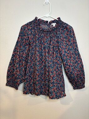 J. Crew Navy Blouse with Red Floral Print, Smocked detail